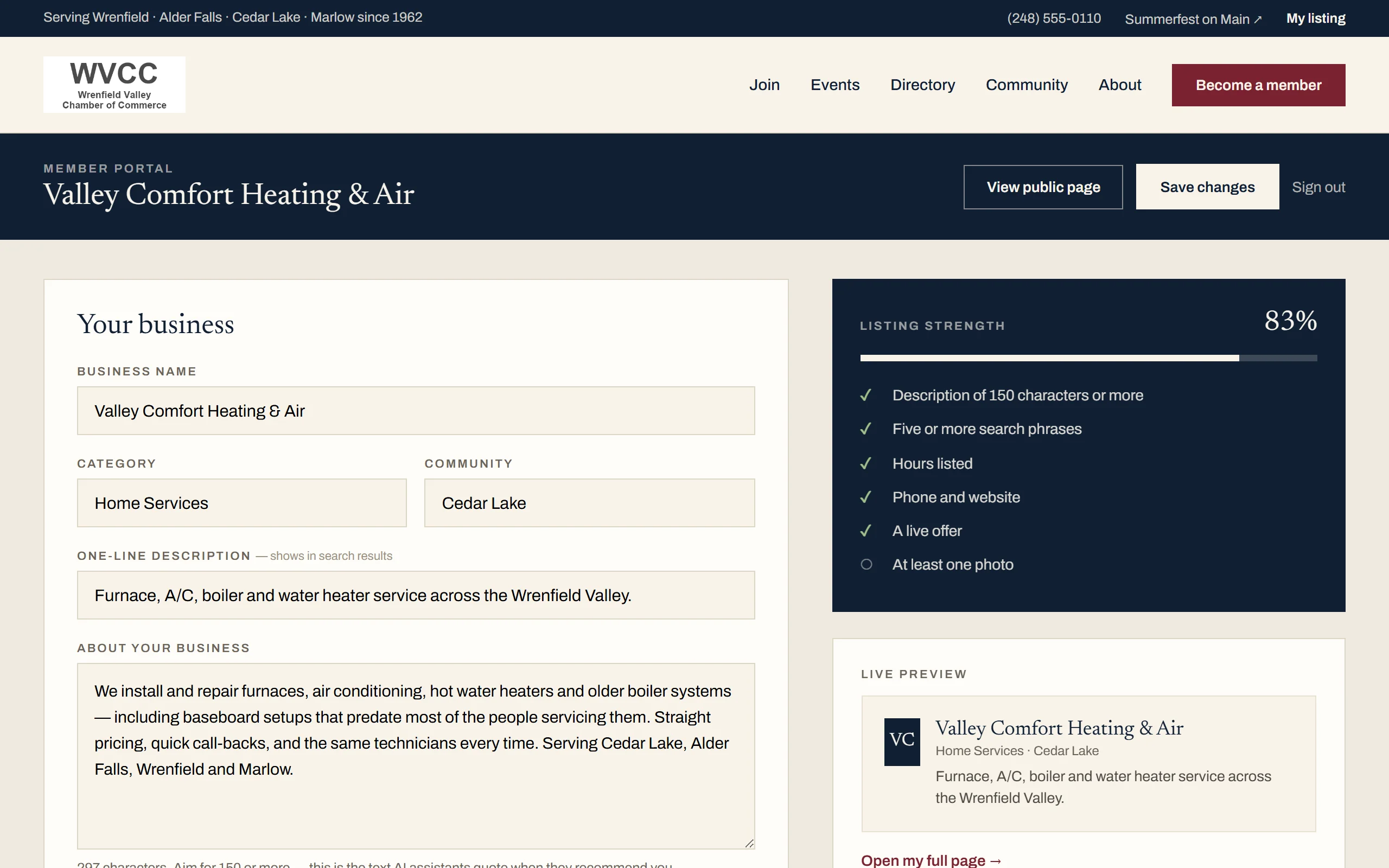 The member portal of the chamber platform demo: a member editing their listing, with a listing-strength checklist and a live preview