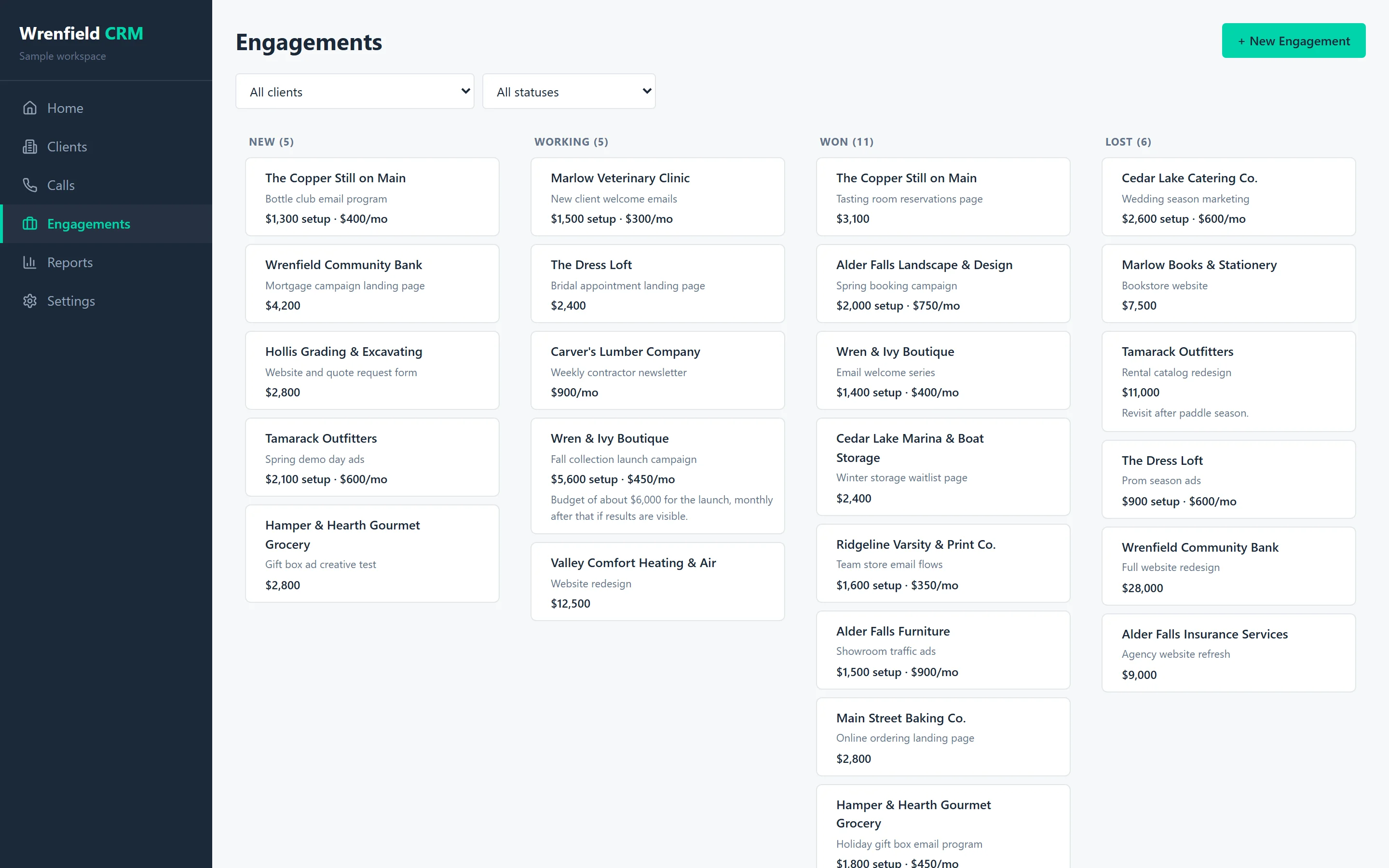 The CRM demo's pipeline board: deals in new, working, won, and lost columns with setup and monthly amounts