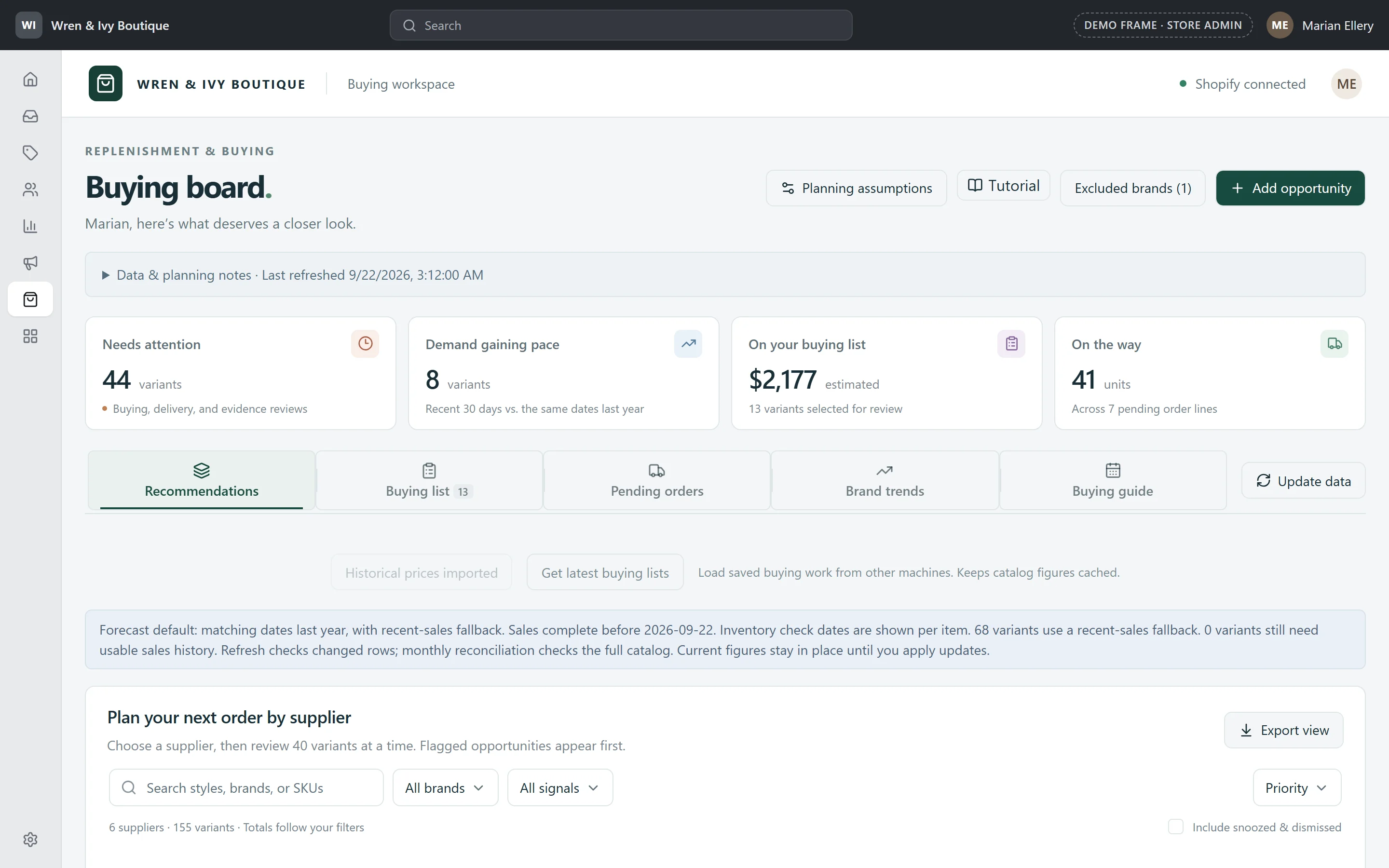 The buying board demo: variants that need attention, demand gaining pace, and a buying list by supplier