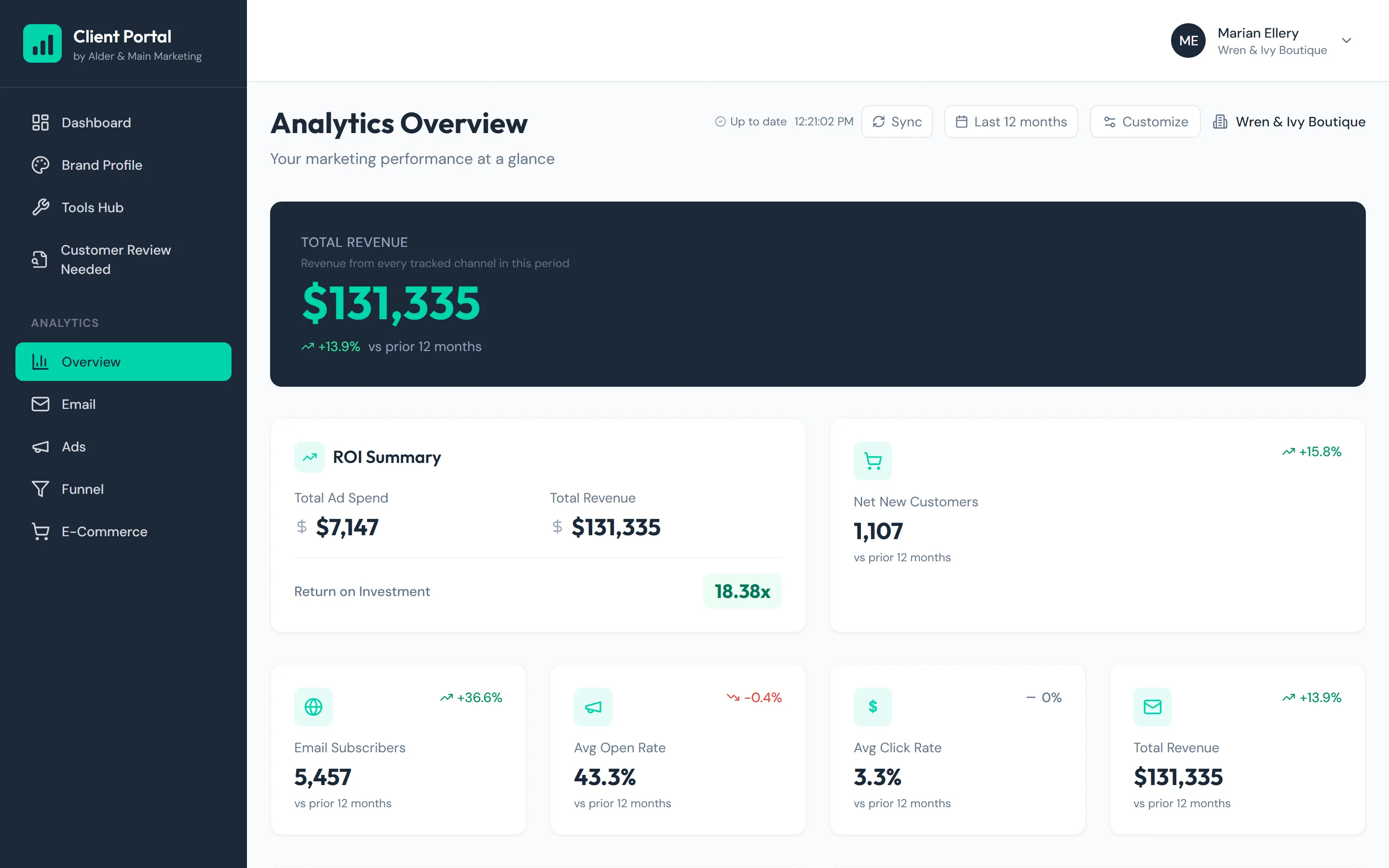 The client portal demo: a customer's analytics overview with revenue, return on ad spend, and email results