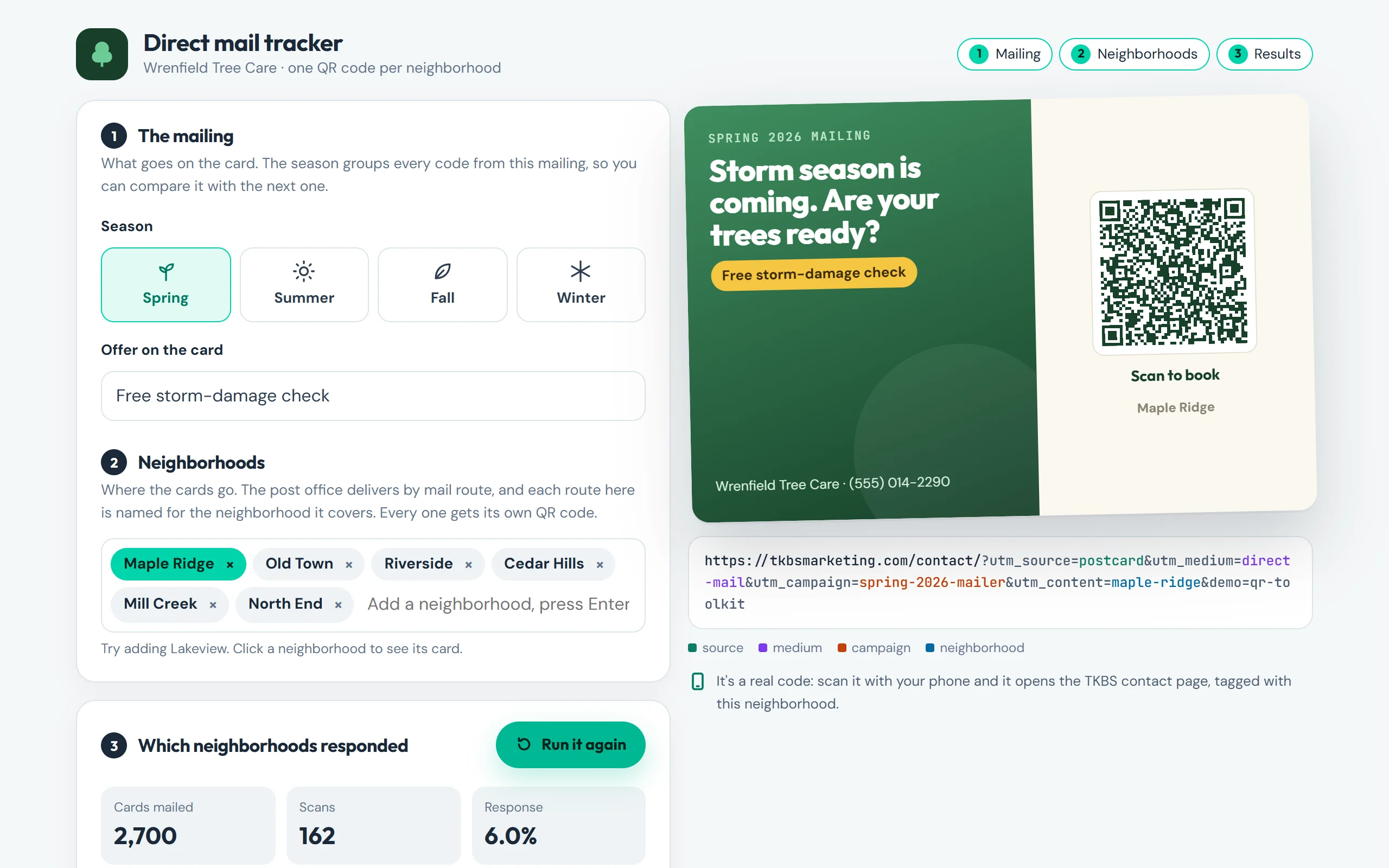The direct-mail tracker demo: the new-mailing wizard, starting with the season and year of the mailing