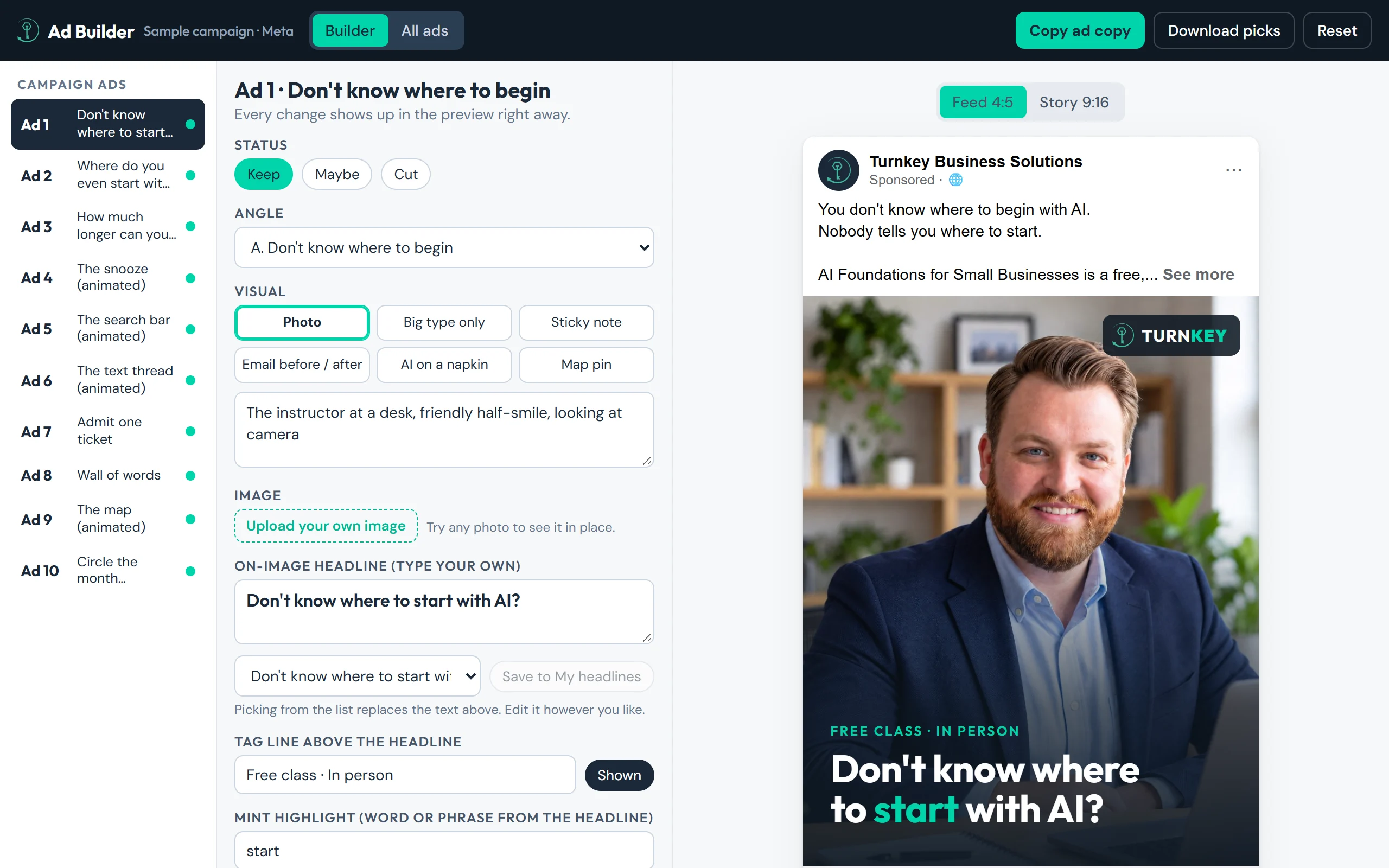 The ad builder demo: a photo ad being set up, with its live Facebook feed preview on the right