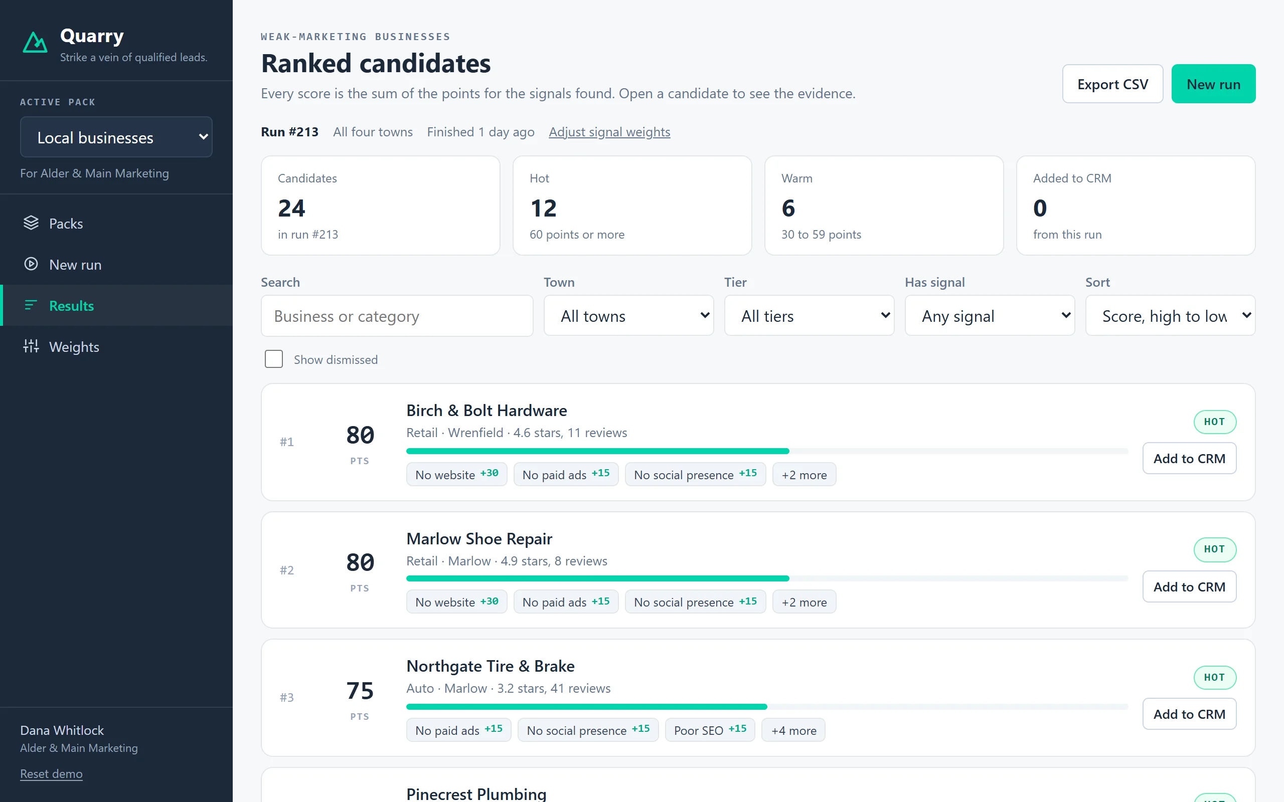 The Quarry demo: ranked local businesses with their scores and the signals behind each one