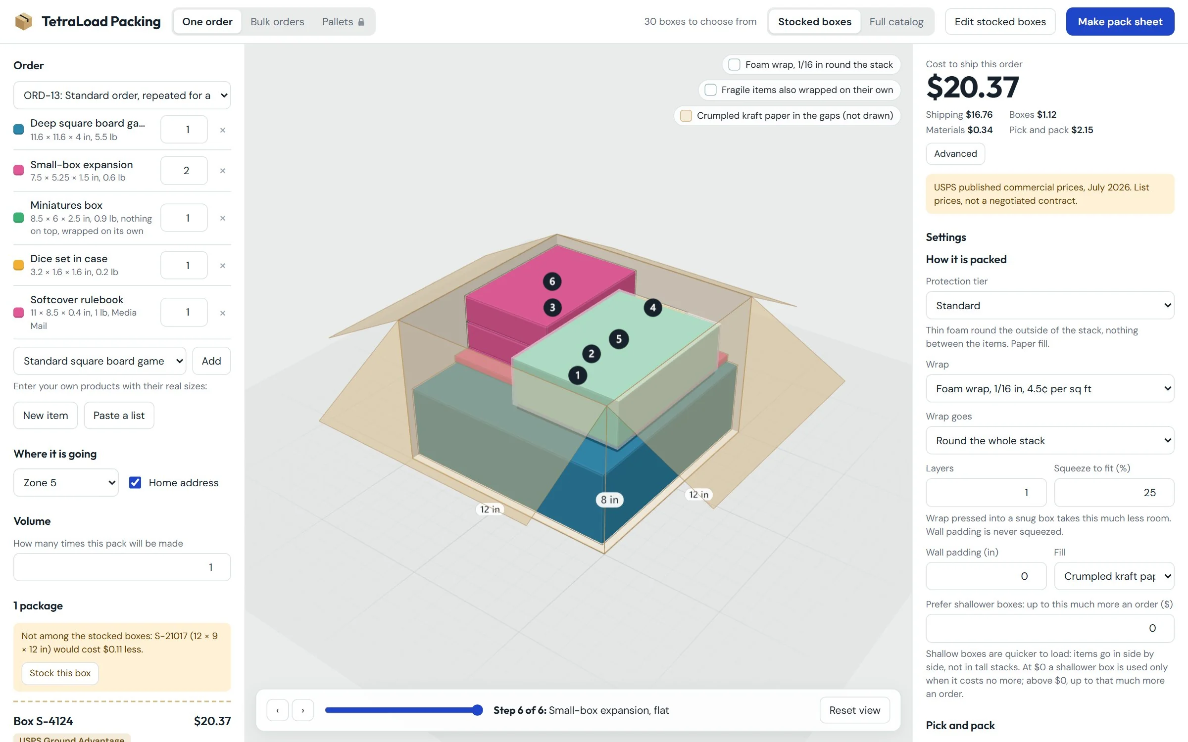 TetraLoad Packing: a sample order packed into one box in 3D, each item numbered in packing order, with the cost to ship broken down beside it