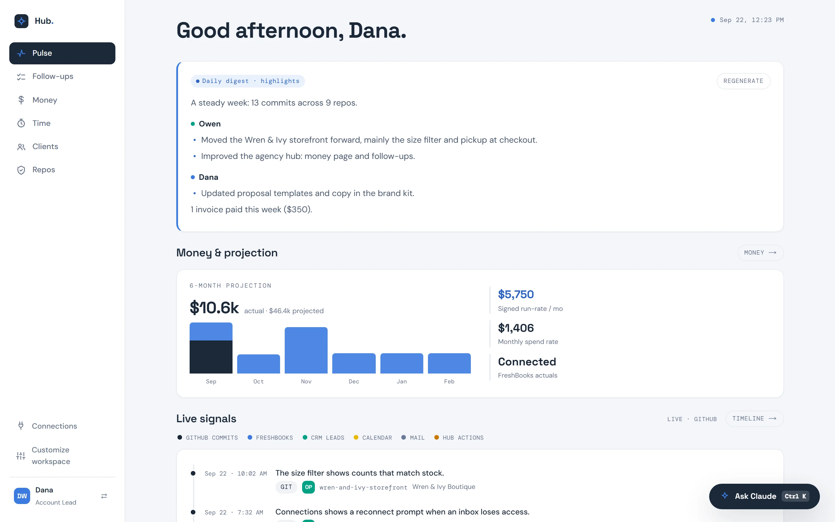 The operations hub we run TKBS from: a daily digest, a six-month money projection, and live signals from connected tools